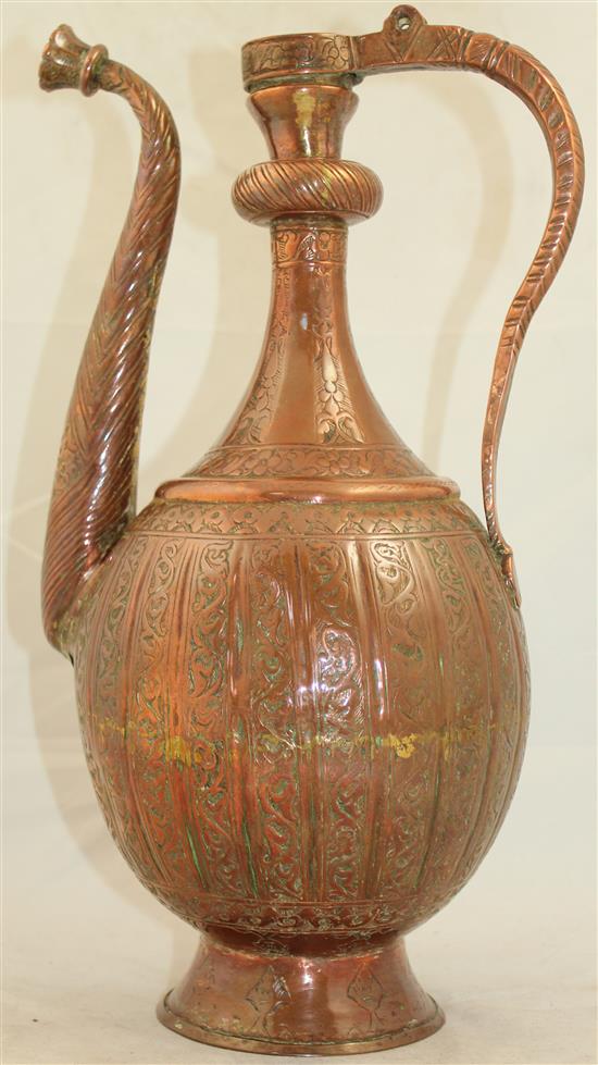 A 17th century safavid copper ewer, 13.5in.